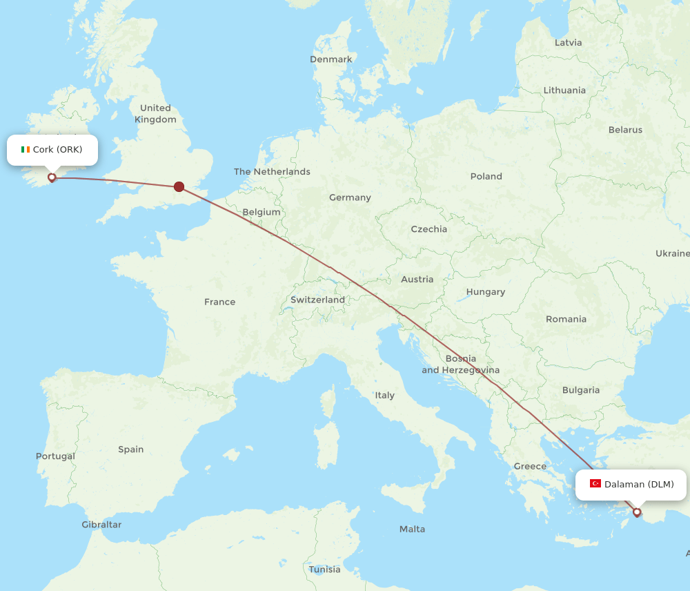 ORK to DLM flights and routes map