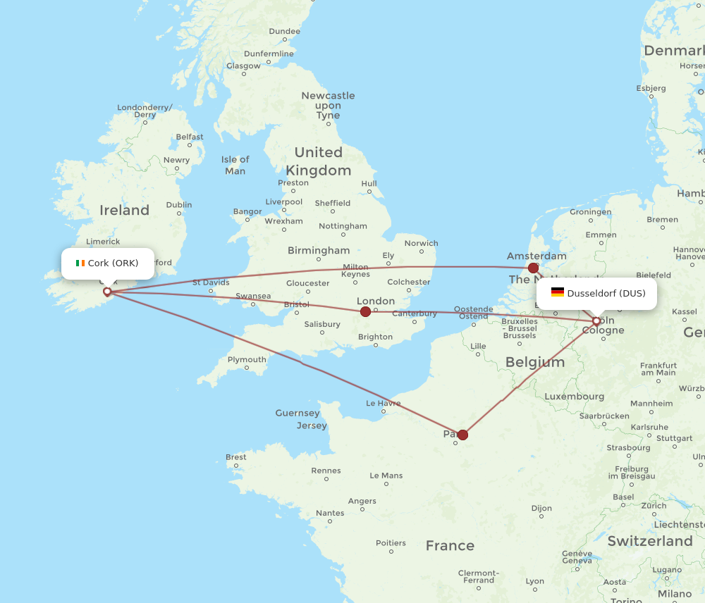ORK to DUS flights and routes map