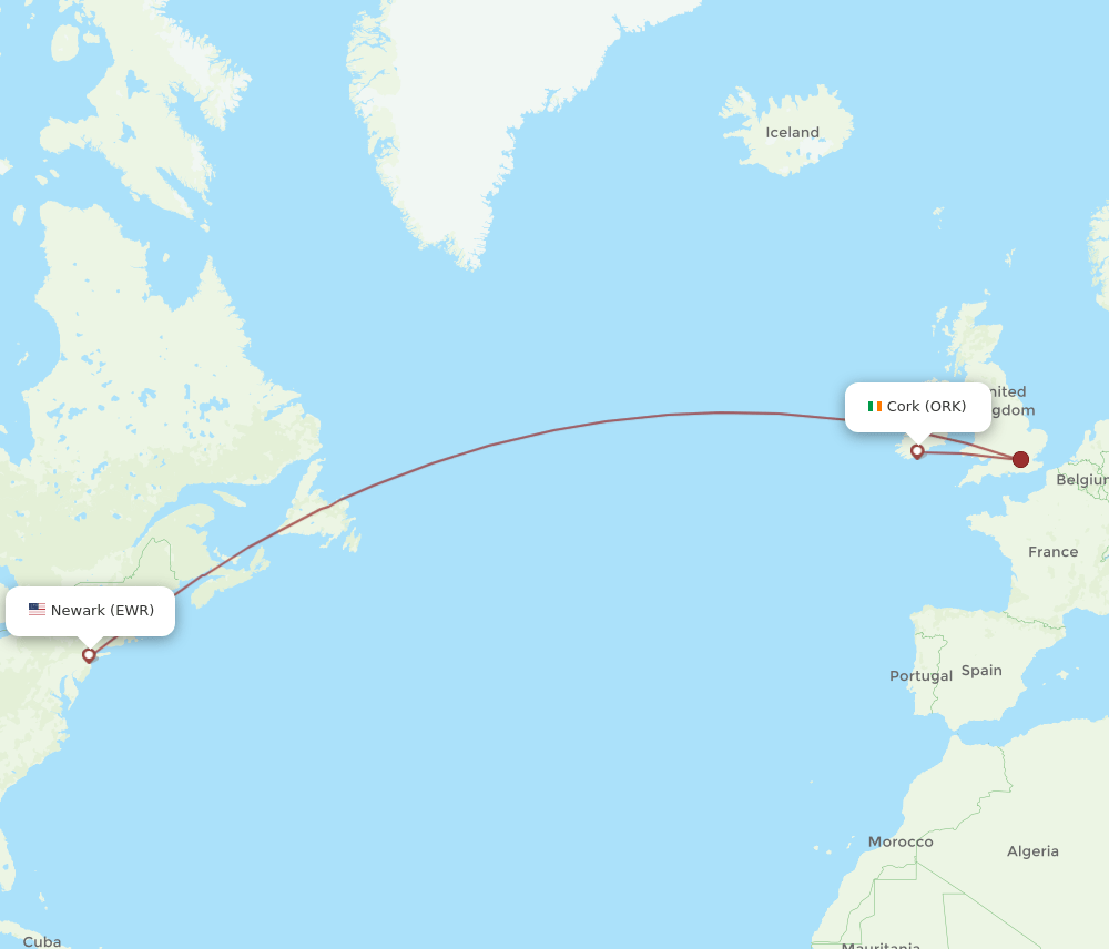 ORK to EWR flights and routes map