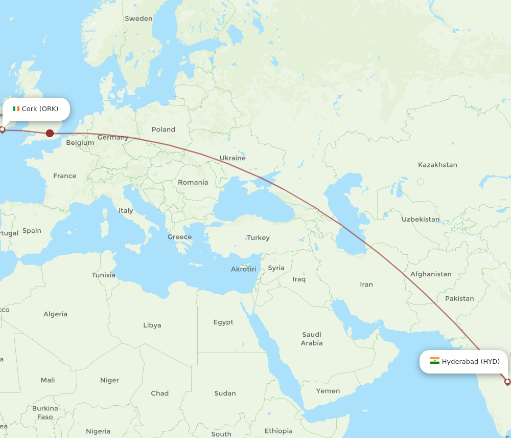 ORK-HYD flight routes
