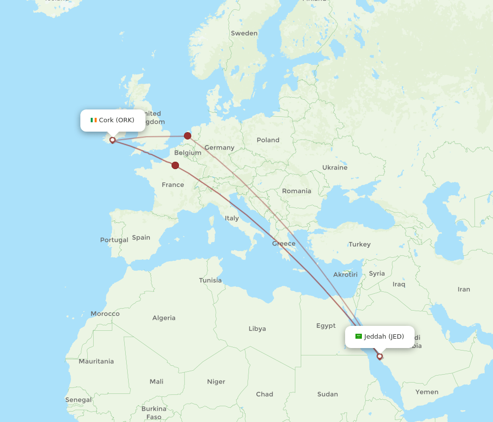 ORK-JED flight routes