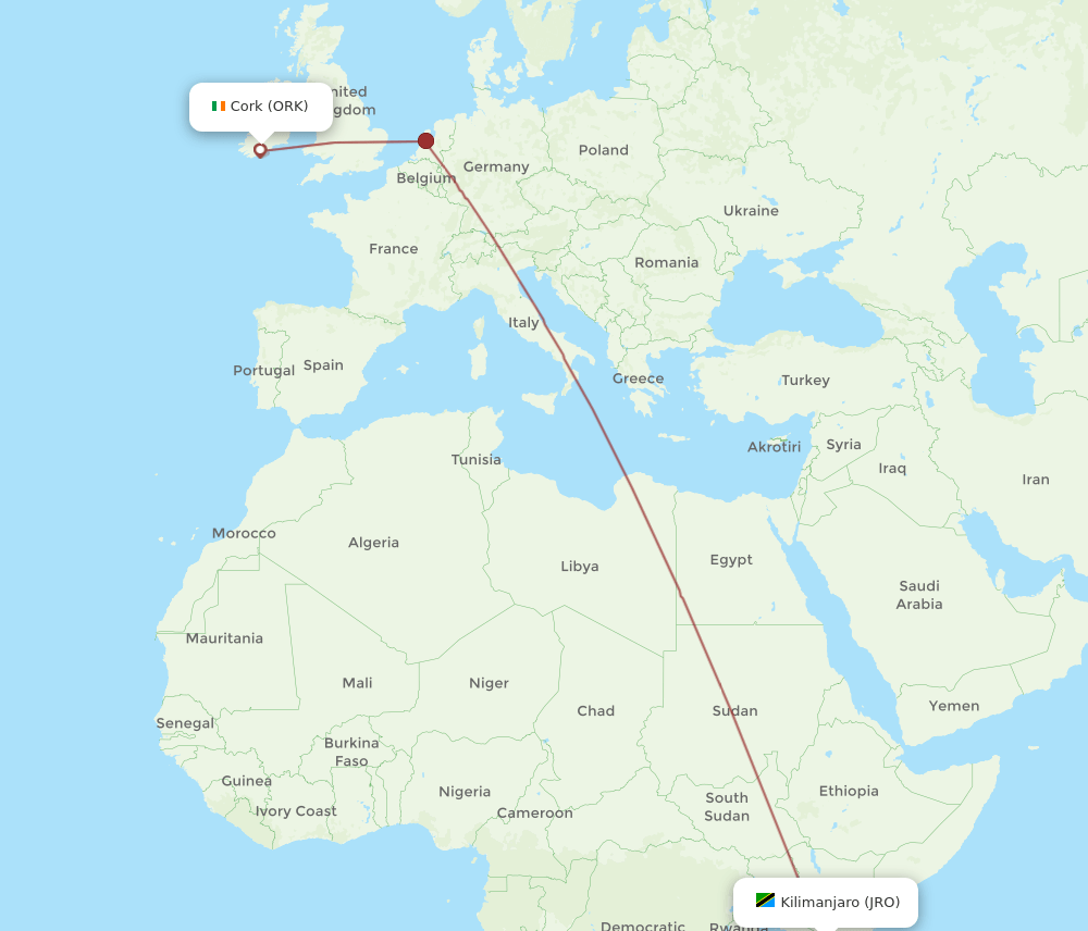 ORK to JRO flights and routes map