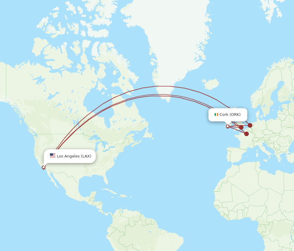 ORK to LAX flights and routes map