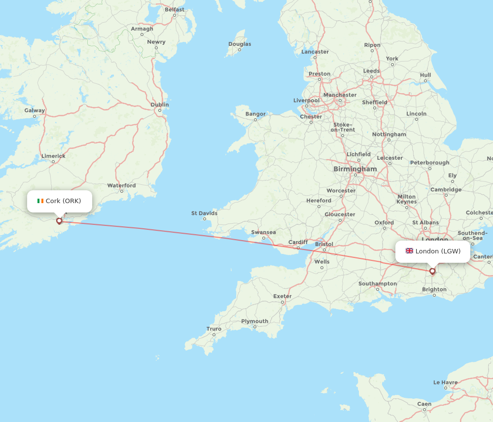 ORK to LGW flights and routes map