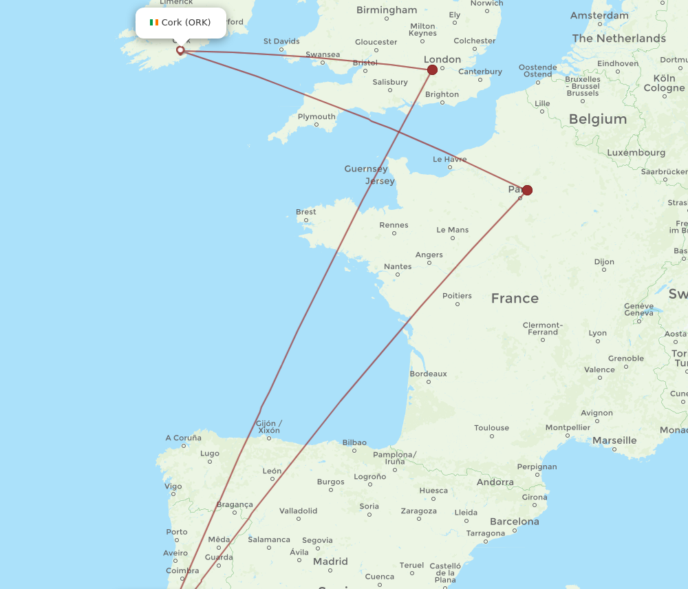 ORK to LIS flights and routes map