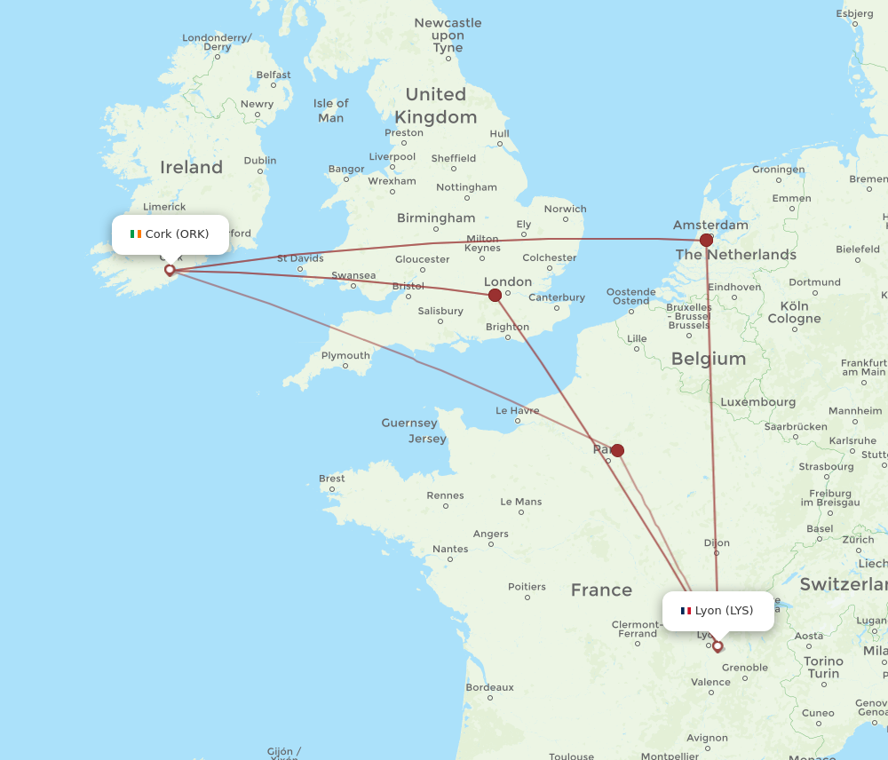 ORK to LYS flights and routes map