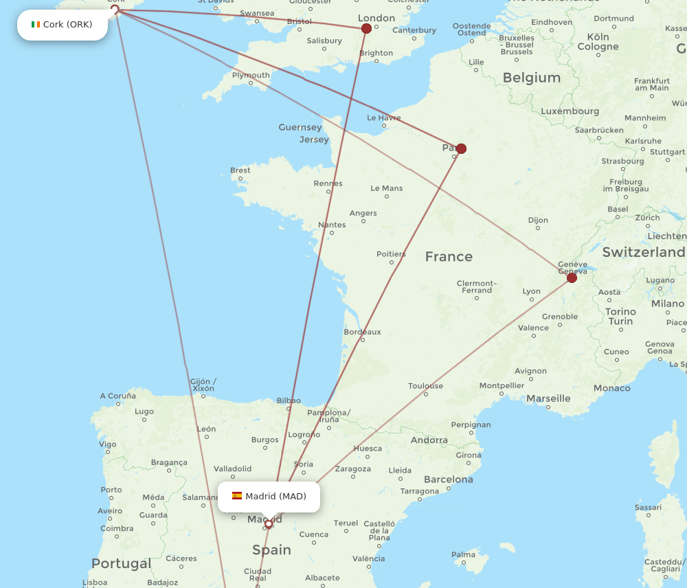 ORK to MAD flights and routes map