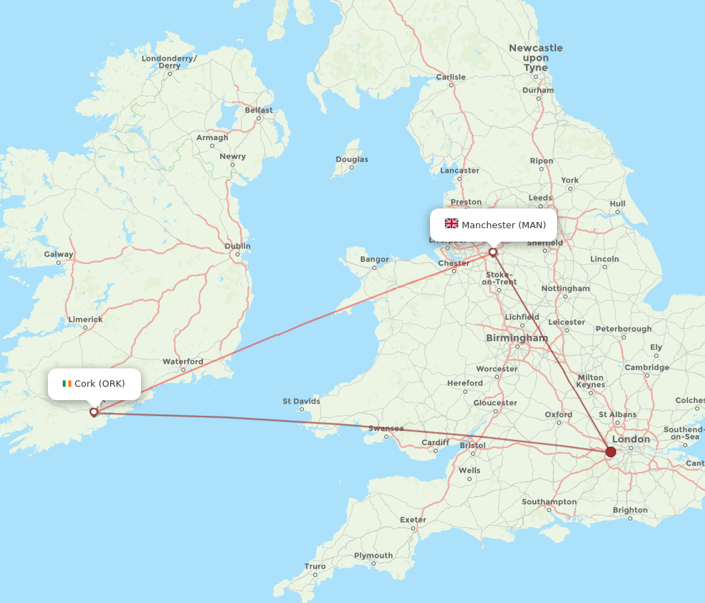 ORK to MAN flights and routes map