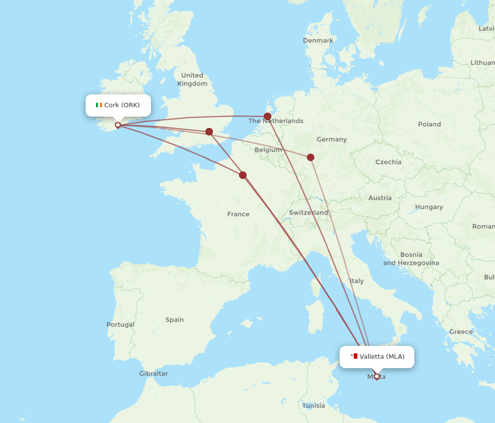 ORK to MLA flights and routes map