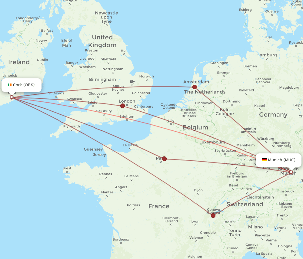 ORK to MUC flights and routes map