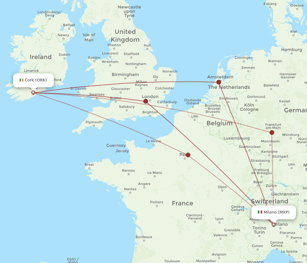 ORK to MXP flights and routes map