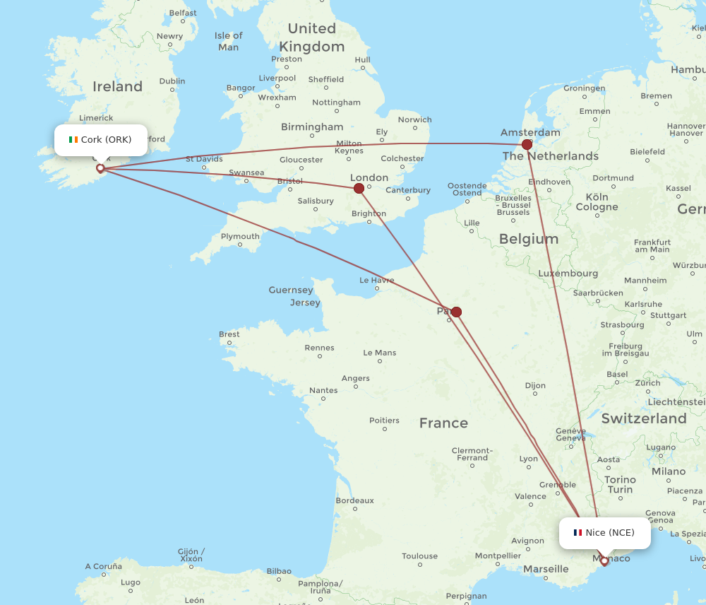 ORK to NCE flights and routes map
