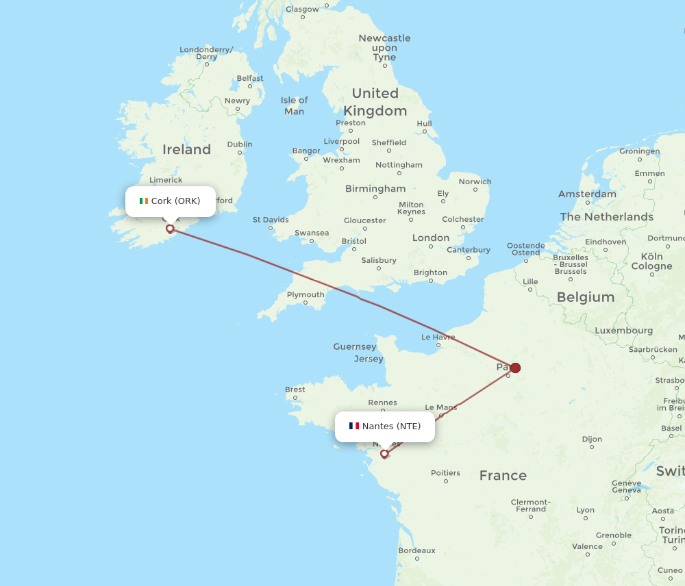 ORK to NTE flights and routes map