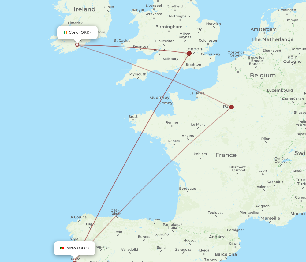 ORK to OPO flights and routes map