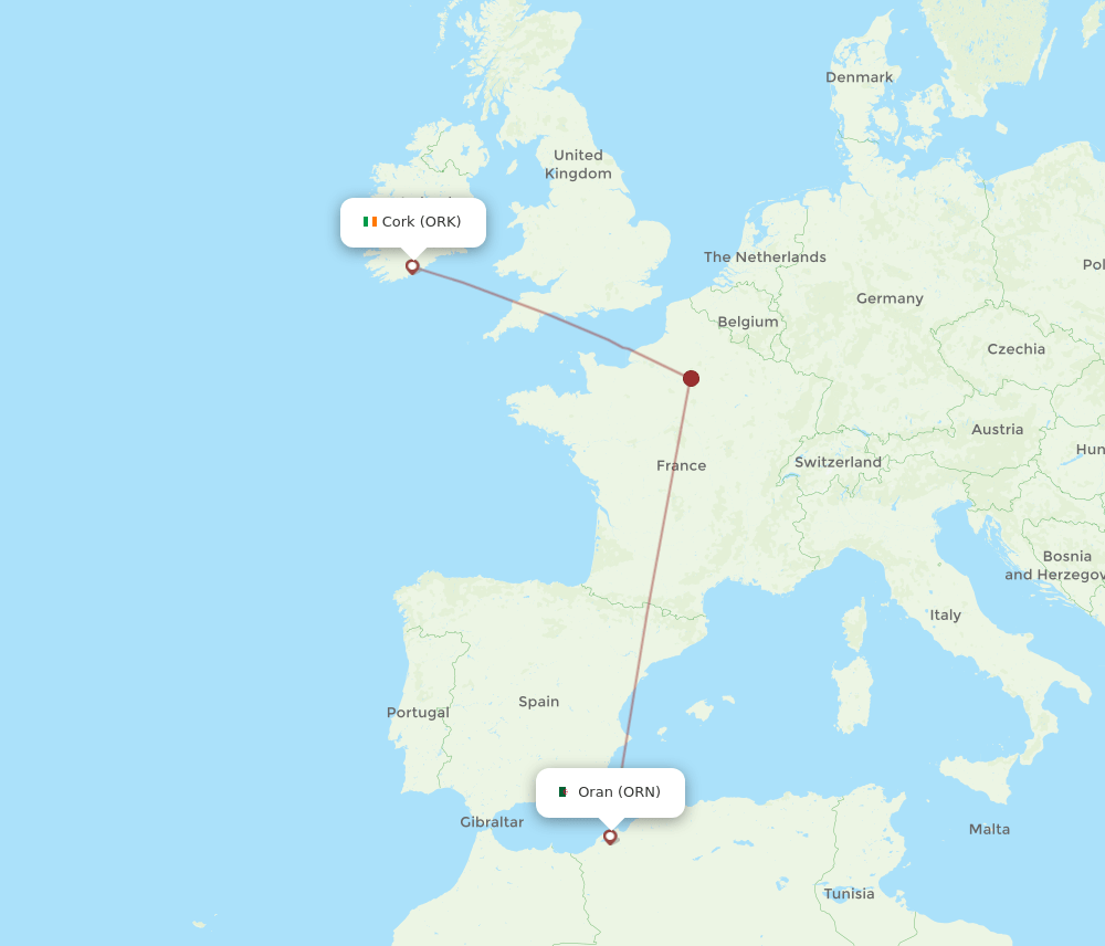 Oran - Cork route map and flight paths