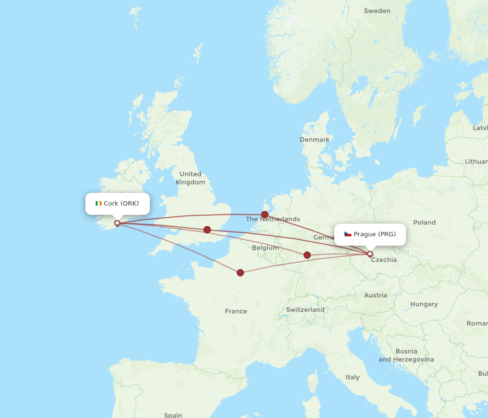 ORK to PRG flights and routes map