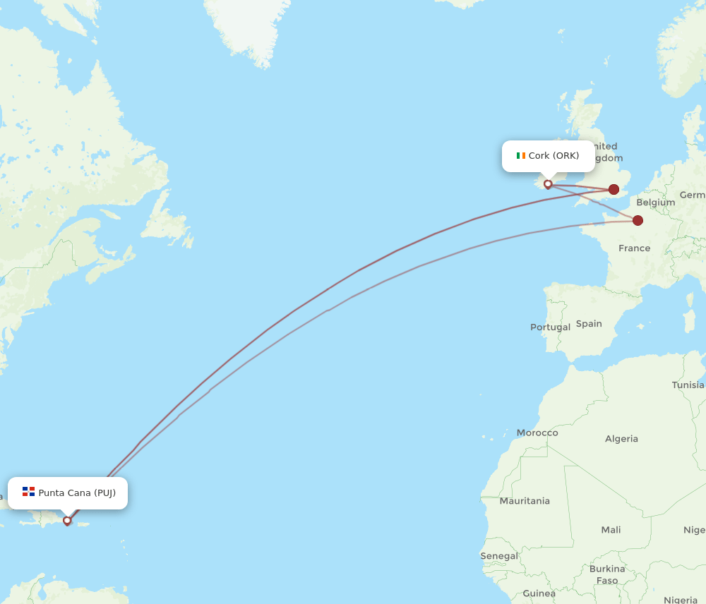 ORK to PUJ flights and routes map