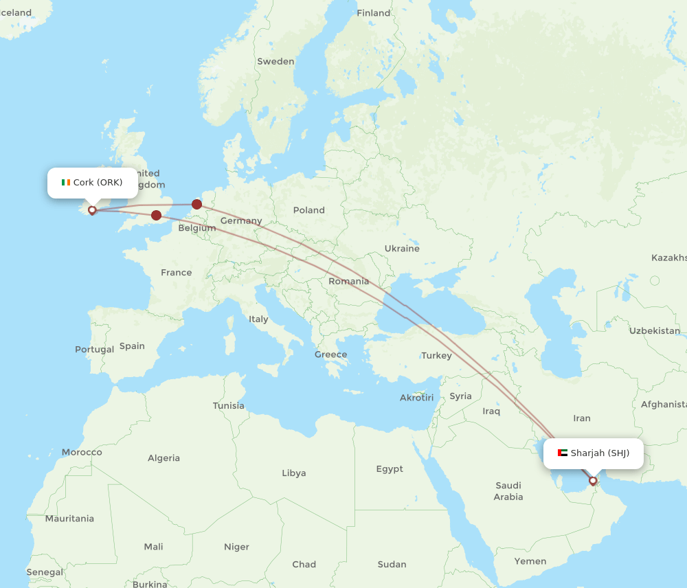 Cork - Sharjah route map and flight paths