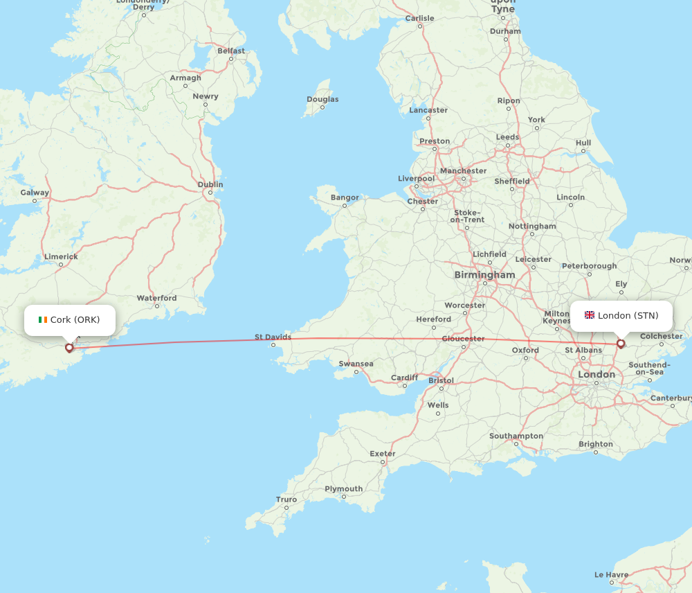 ORK to STN flights and routes map