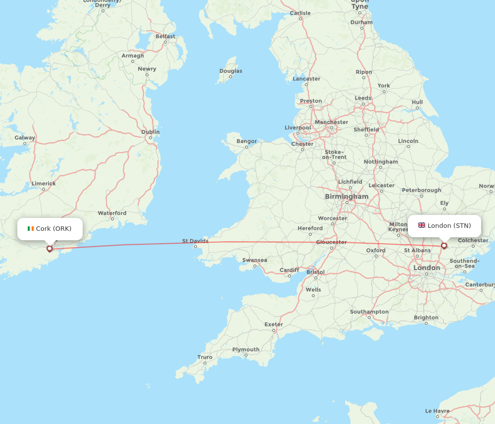 Cork - London route map and flight paths
