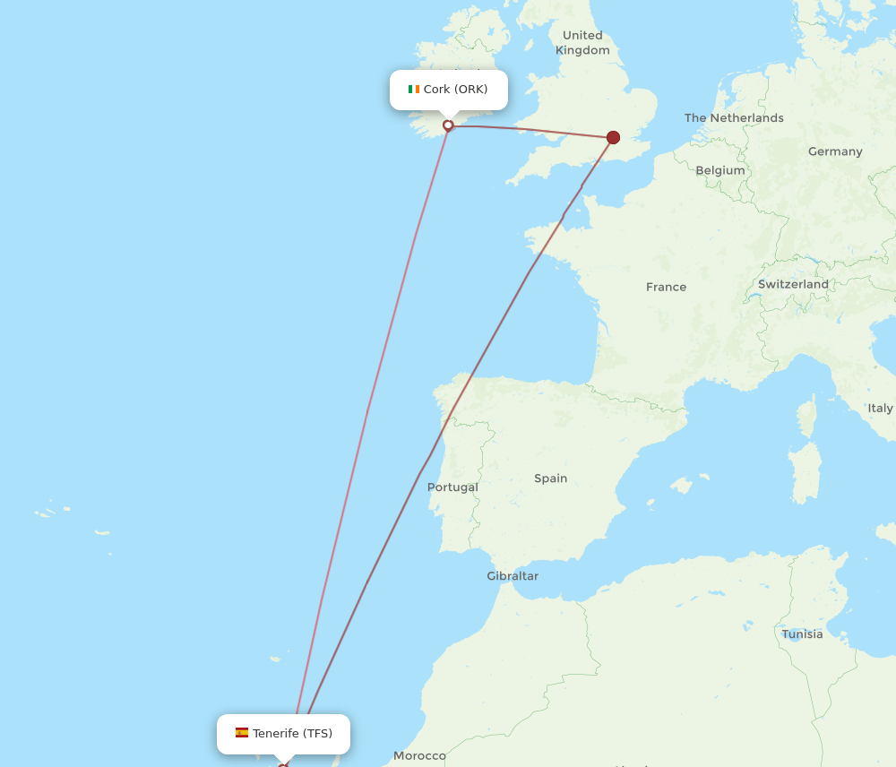 ORK to TFS flights and routes map