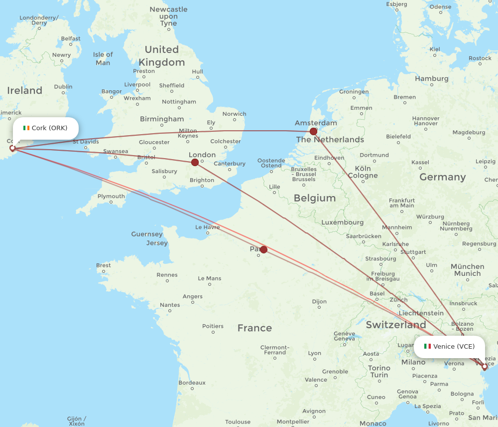 ORK to VCE flights and routes map