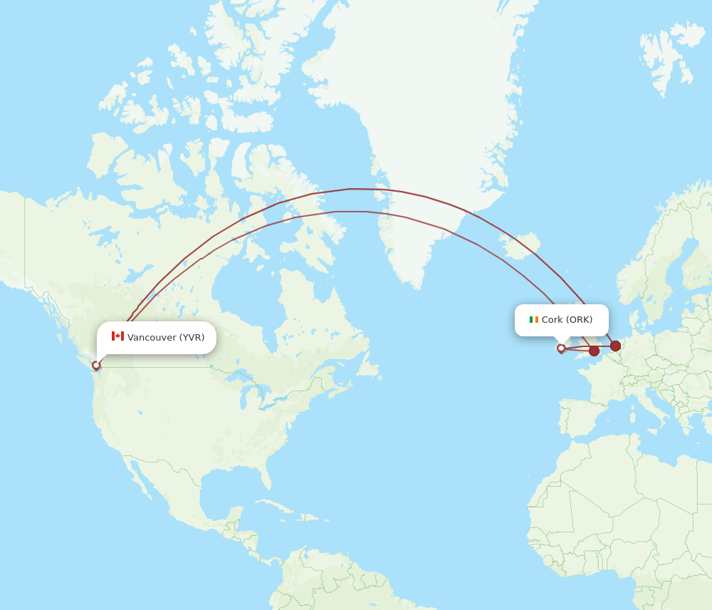 ORK to YVR flights and routes map