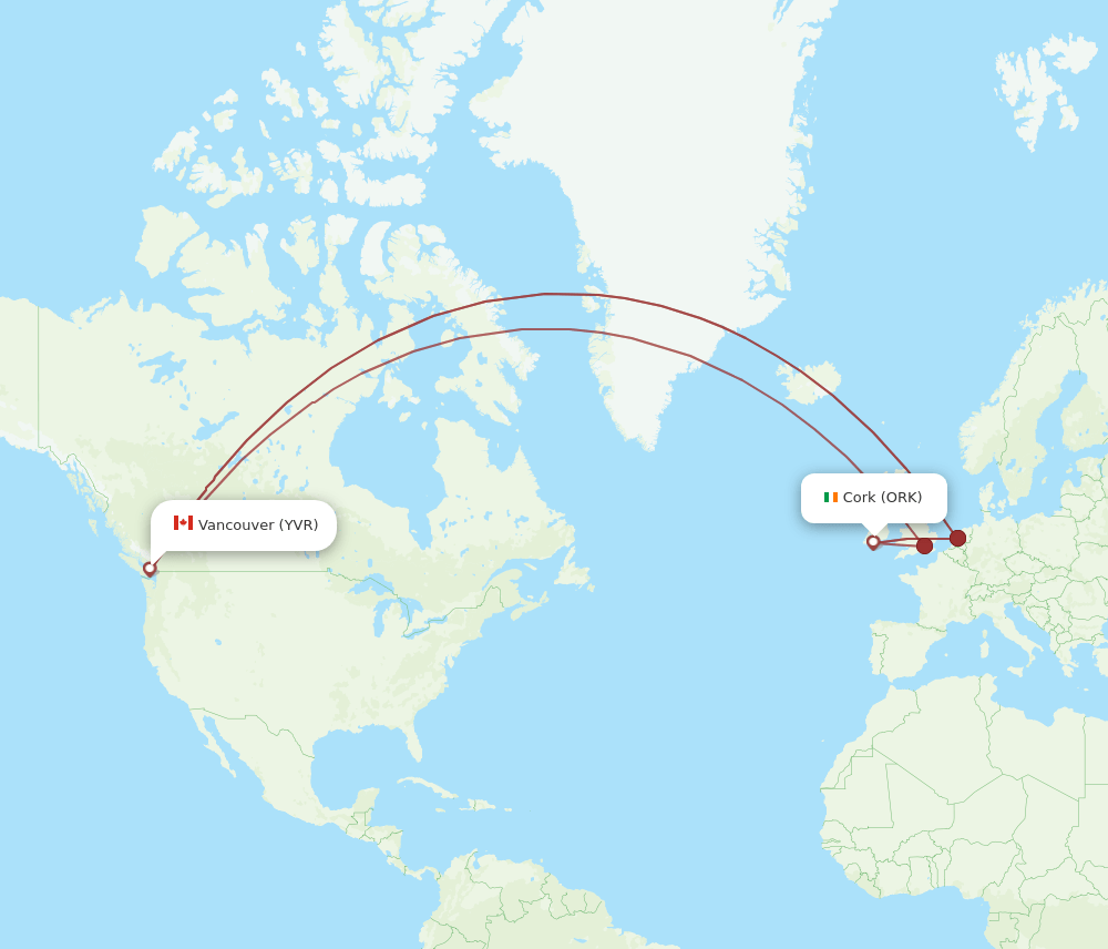 YVR to ORK flights and routes map