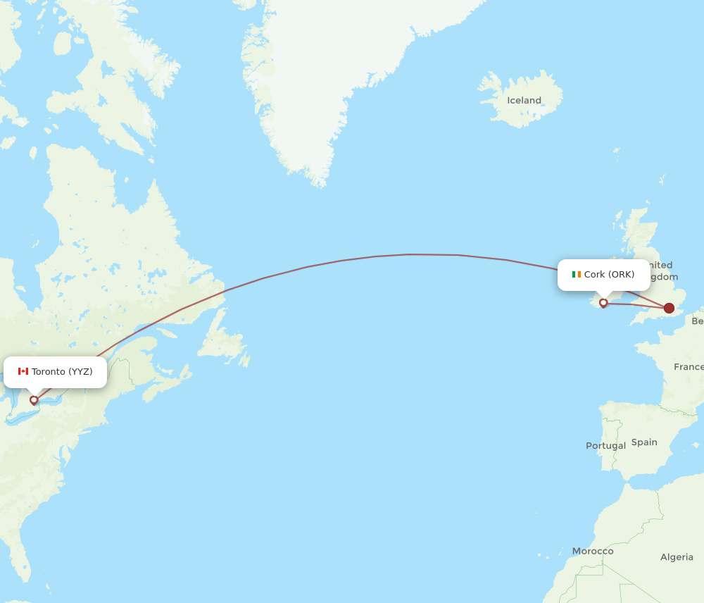 YYZ to ORK flights and routes map