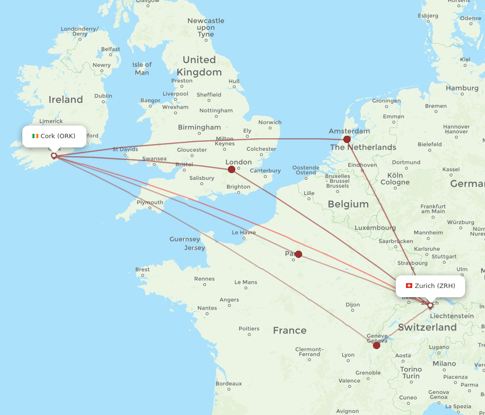 ORK-ZRH flight routes