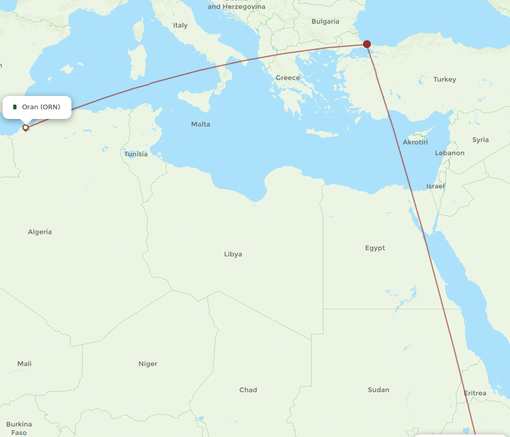 Addis Ababa - Oran route map and flight paths