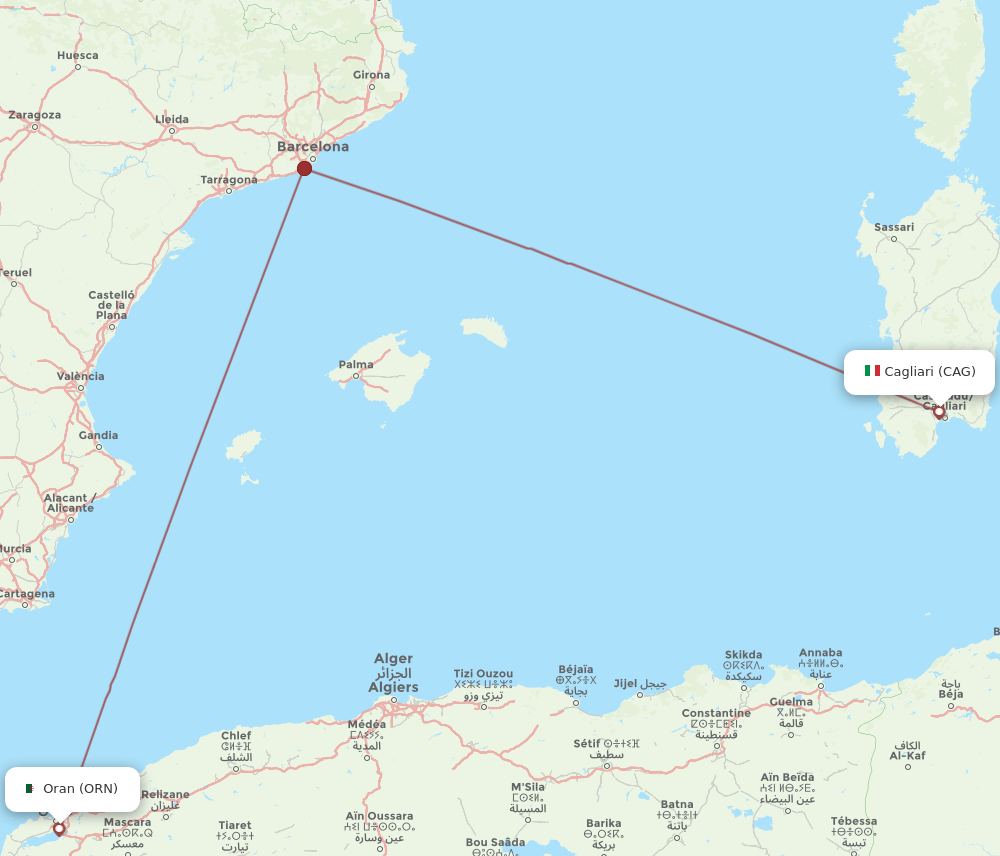 Cagliari - Oran route map and flight paths