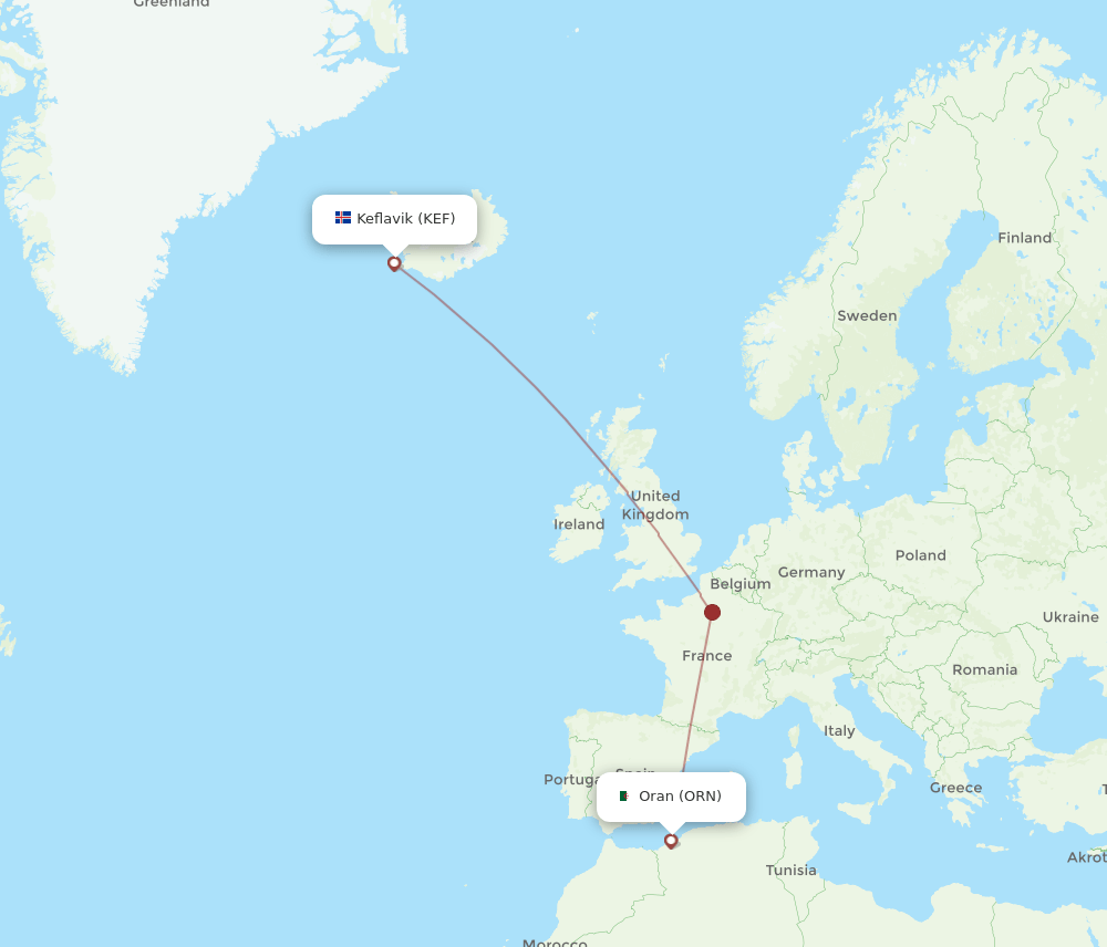 Oran - Reykjavik route map and flight paths