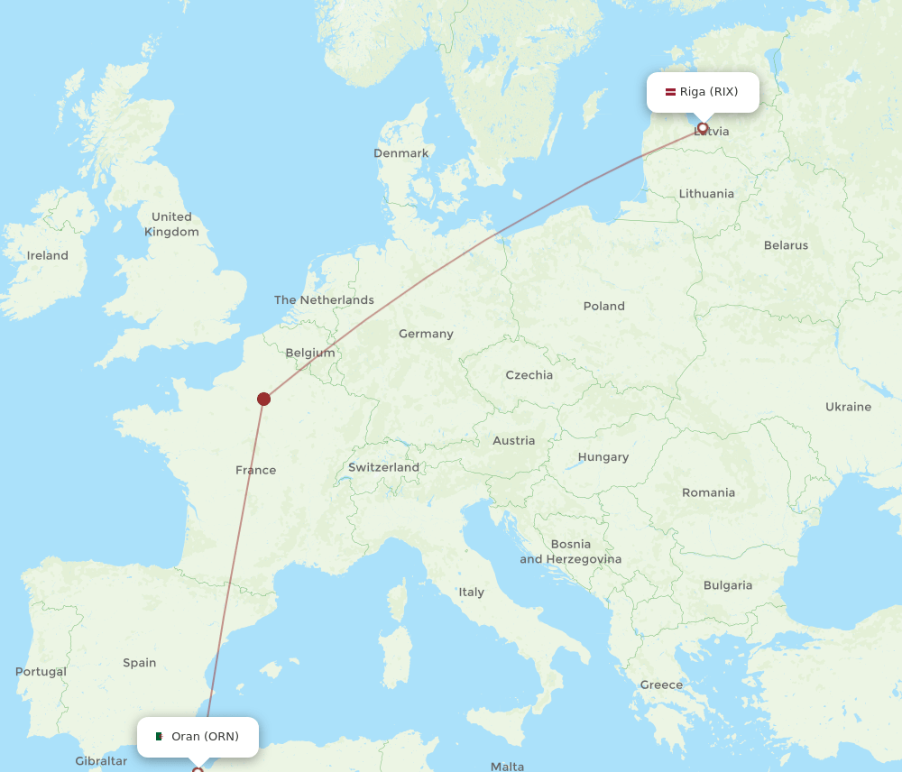 Riga - Oran route map and flight paths