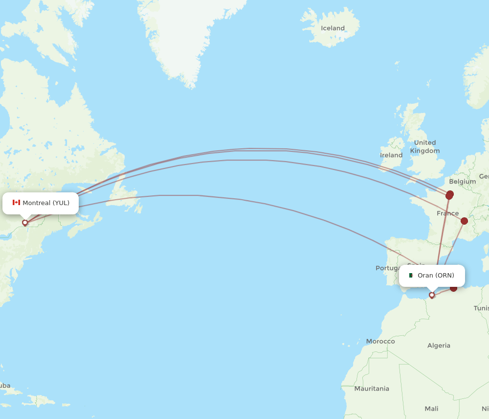 ORN-YUL flight routes