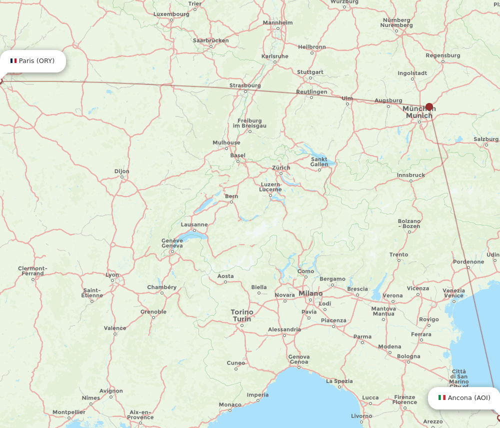 Paris - Ancona route map and flight paths