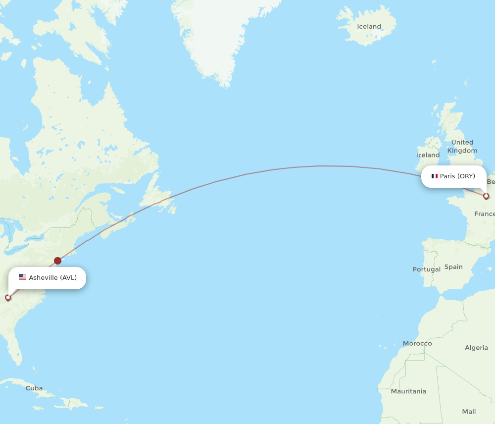 Paris - Asheville route map and flight paths
