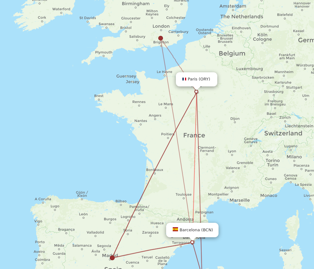 ORY to BCN flights and routes map