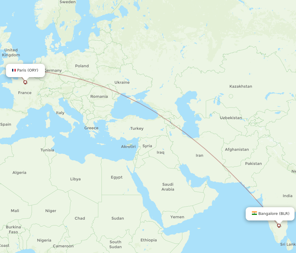 Paris - Bengaluru route map and flight paths