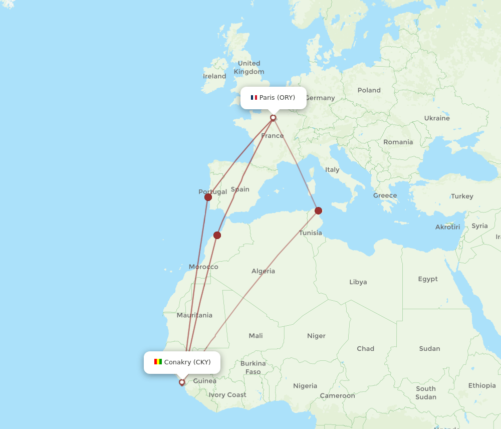 ORY-CKY flight routes