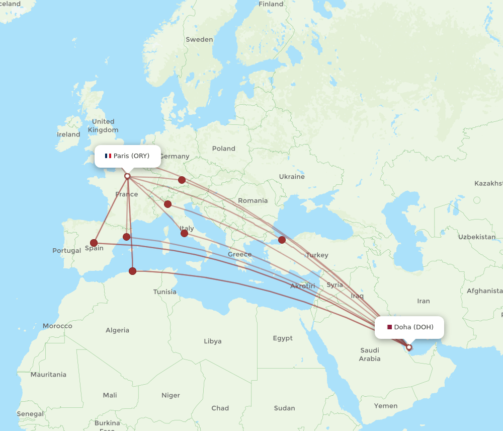 ORY to DOH flights and routes map