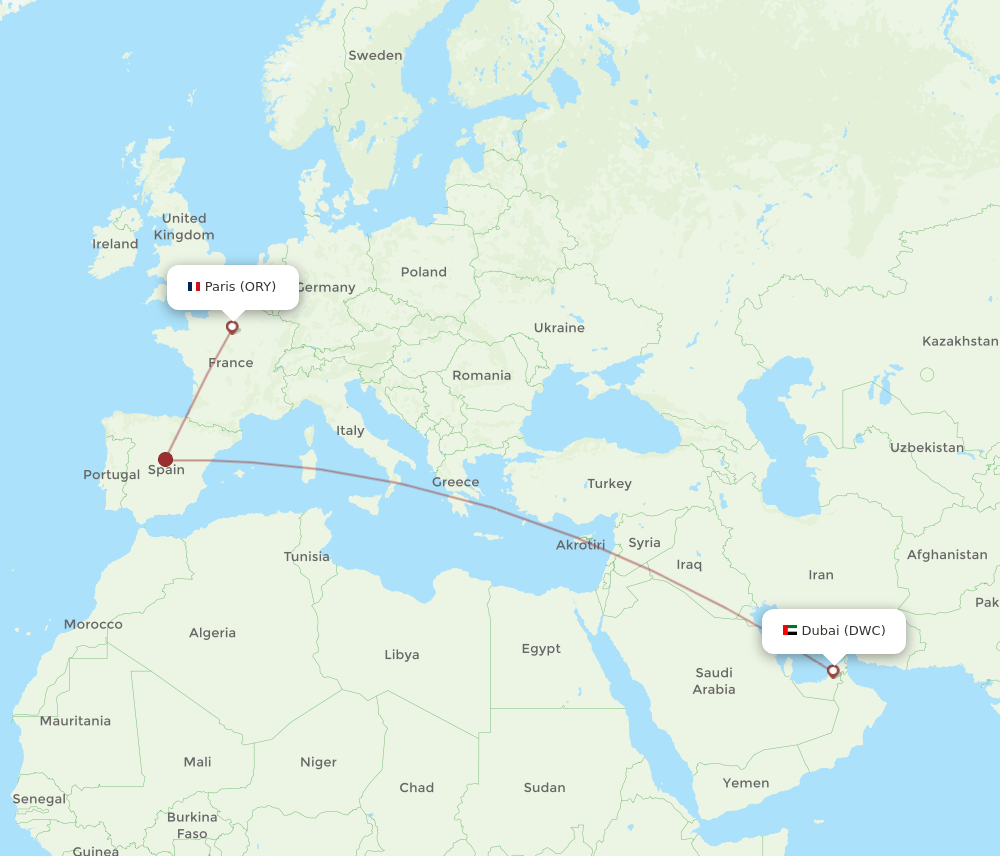 ORY to DWC flights and routes map