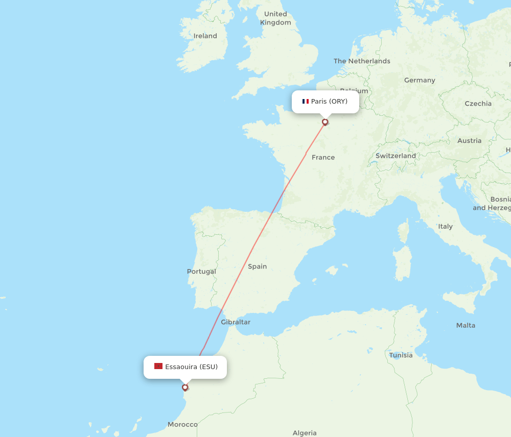 Paris - Essaouira route map and flight paths