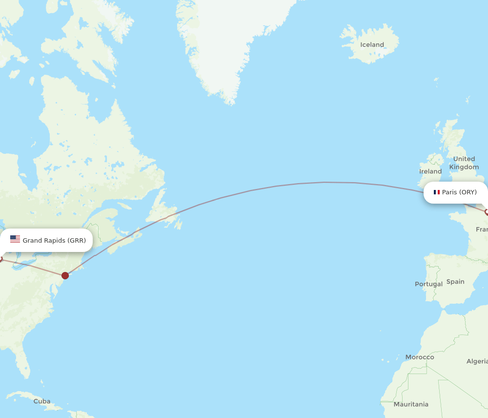 Paris - Grand Rapids route map and flight paths