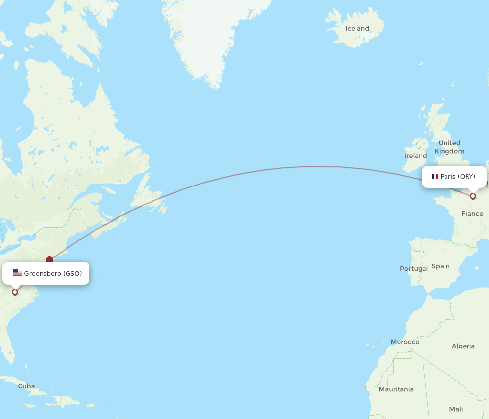 Paris - Greensboro/High Point route map and flight paths