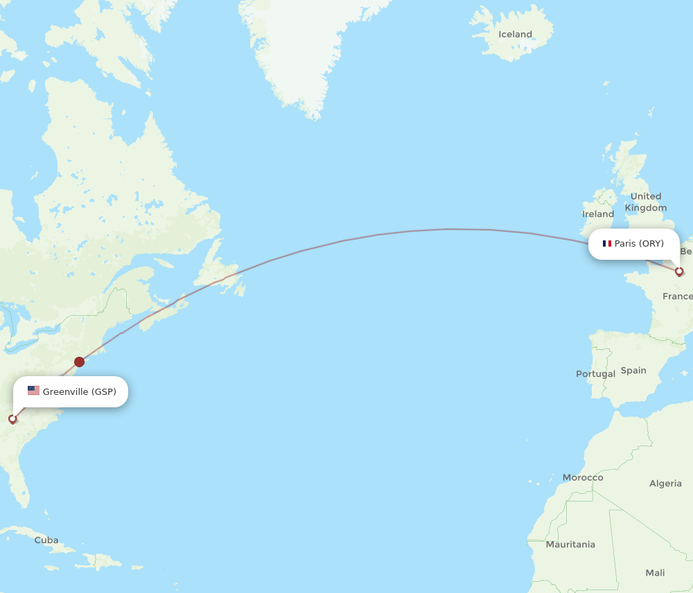 Paris - Greenville route map and flight paths