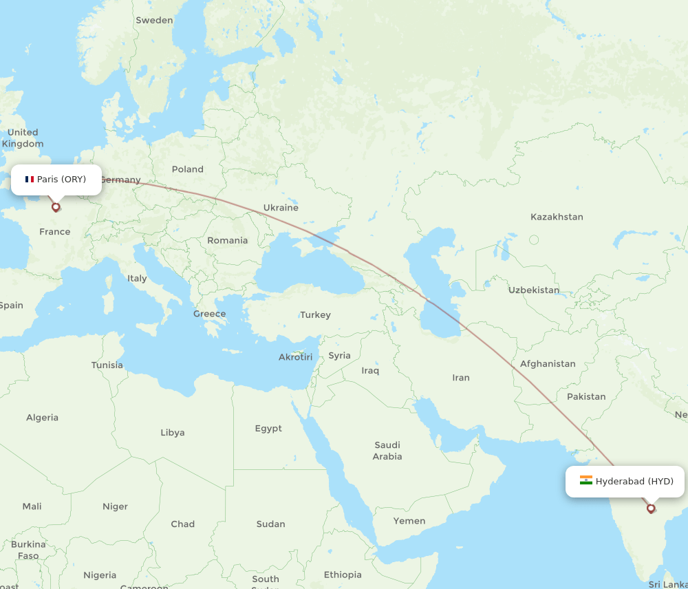 Hyderabad - Paris route map and flight paths