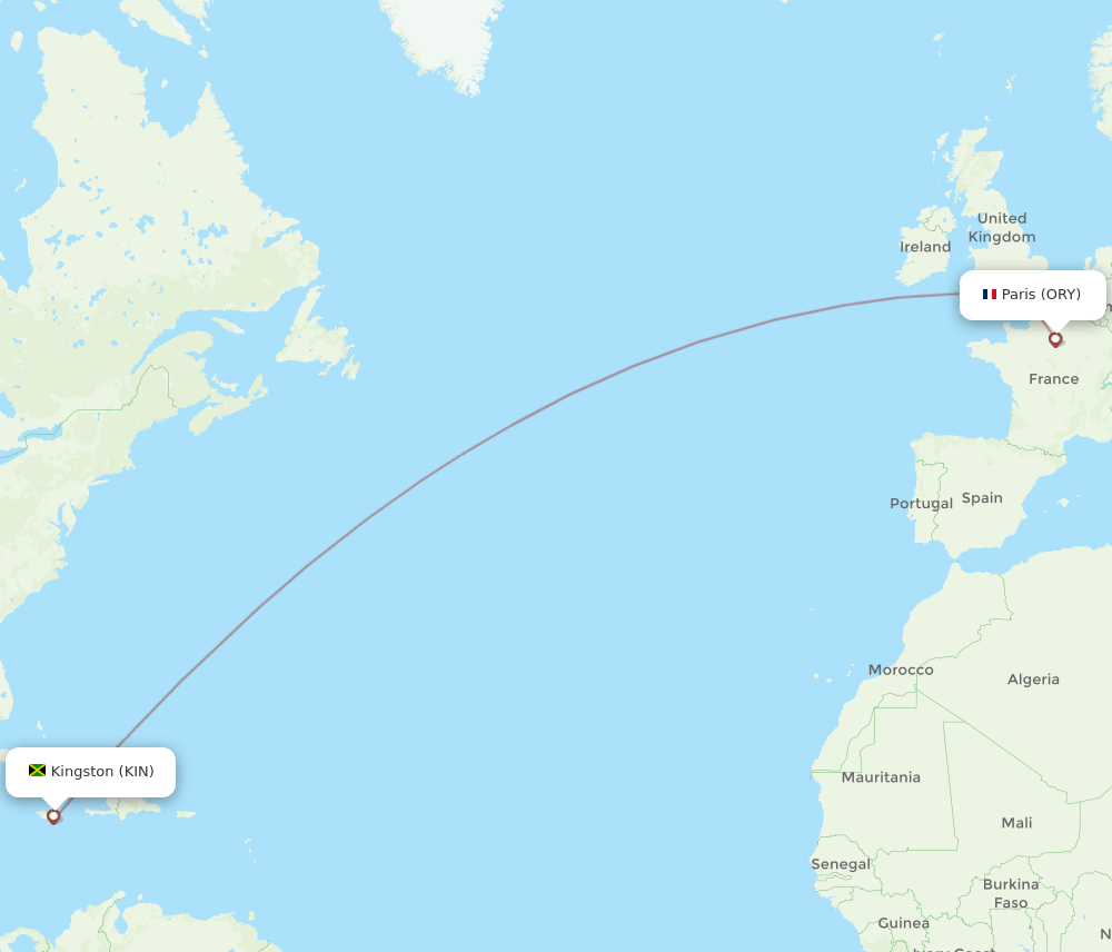 Paris - Kingston route map and flight paths