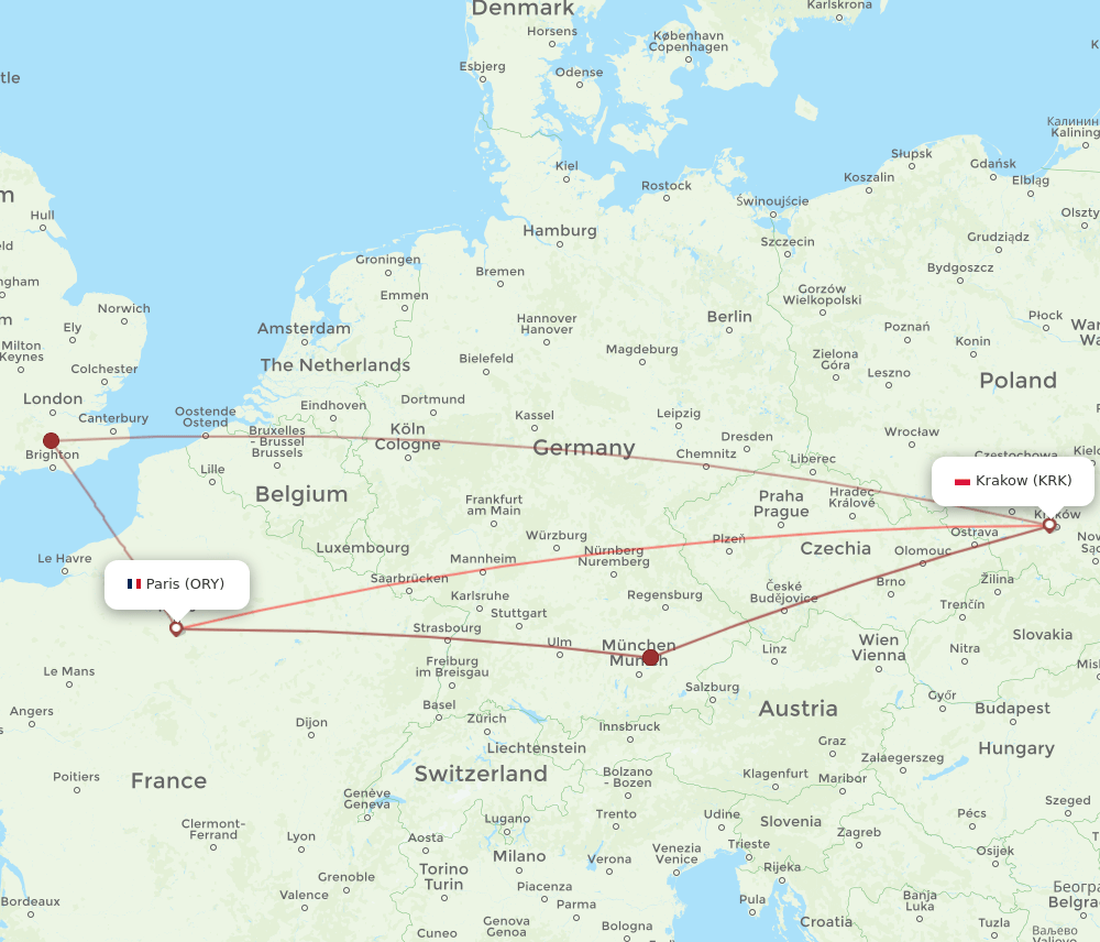 ORY to KRK flights and routes map