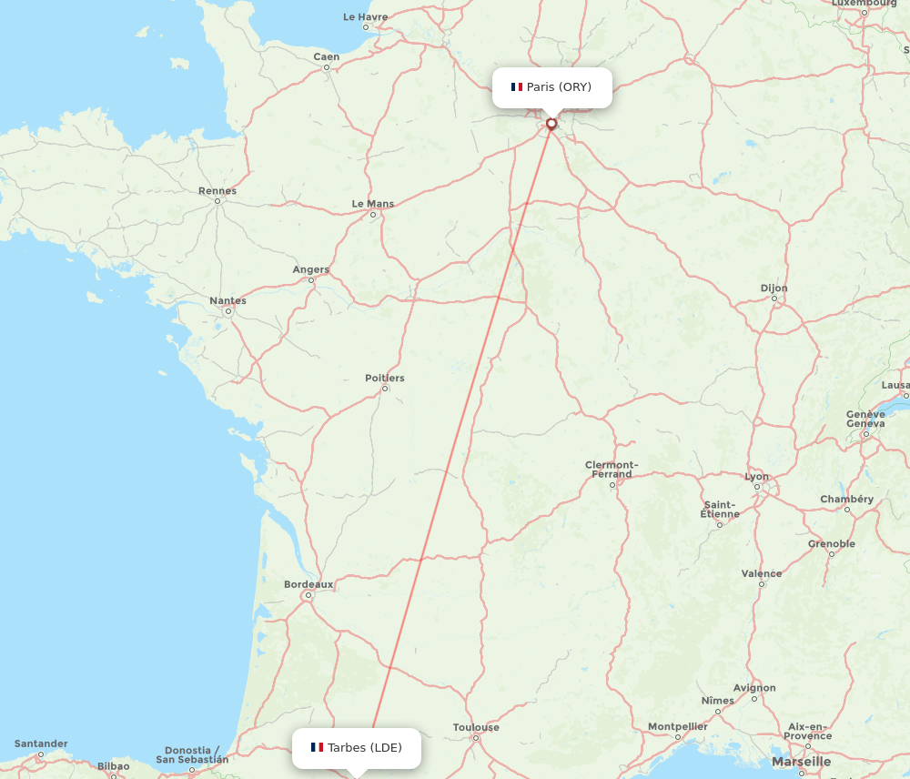 Paris - Lourdes route map and flight paths